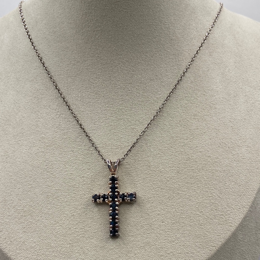 Sterling Silver 925 Blue Sapphire Cross Pendant Necklace 18”L